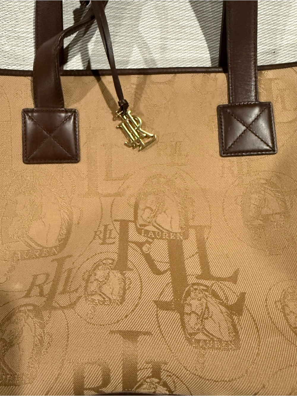 Ralph Lauren Tan Jacquard & Dark Brown Leather Tote - Picture 2 of 8